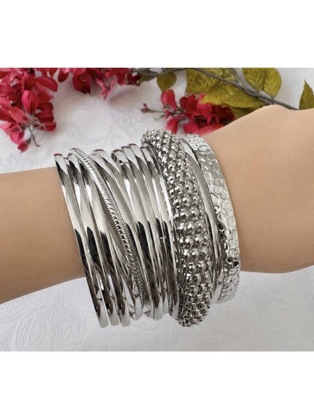 14 PC Stack Silver Chunky Textured & Smooth Thin Stacked Bracelet Set of 14 NEW